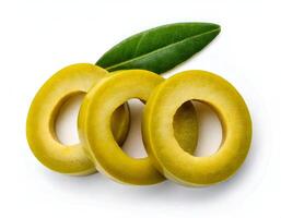 Sliced olive fruit with leaf on white background photo