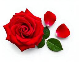 Beautiful red rose flower with leaf on white background photo
