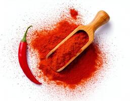 Top view of Chili powder wooden spoon with red chili on white background photo