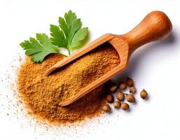 Coriander powder wooden spoon with coriander seed and leaf on white background photo