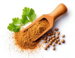 Coriander powder with coriander seed on white background photo