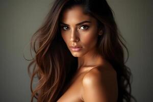 Captivating Portrait of Woman with Flowing Hair and Striking Expression photo