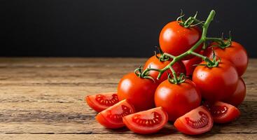 A bunch of tomatoes on a table photo