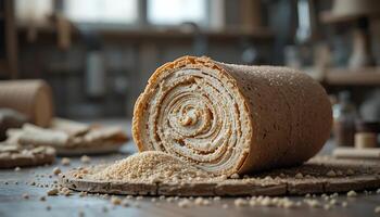 A roll of bread sitting on top of a table photo