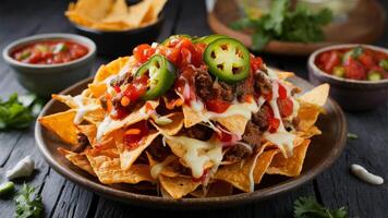Nachos Crispy tortilla chips piled with melted cheese, jalapeos, salsa, and often topped with beef or beans. A crowd-pleasing snack. photo