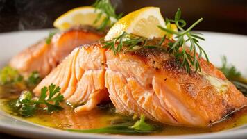 Baked Salmon Flaky baked salmon with a crispy skin, garnished with fresh herbs and lemon, capturing the vibrant color and rich, nutritious qualities of this dish. photo