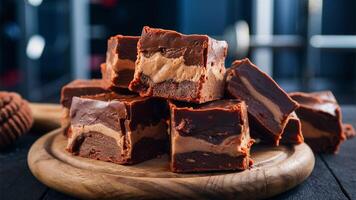 Protein Fudge Rich protein fudge squares, displayed on a rustic wooden board, with a fitness studio backdrop, emphasizing their nutritious, indulgent appeal. photo