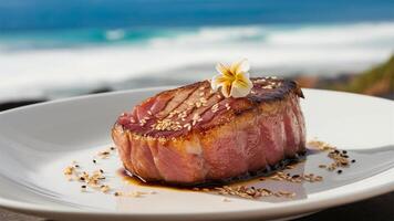 Tuna Steak Seared tuna steak with sesame seeds, set on a minimalist white plate with a coastal background, capturing its fresh, sophisticated, and oceanic flavors. photo