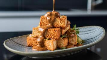 Tofu with Peanut Crispy tofu drizzled with peanut sauce, served on a contemporary ceramic plate, set against a modern kitchen backdrop, showcasing its flavorful, vegan appeal photo