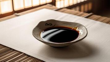 Soy Sauce Dark, glossy soy sauce in a traditional ceramic dish, set against a bamboo mat, evokes the depth of umami in Japanese cuisine. photo