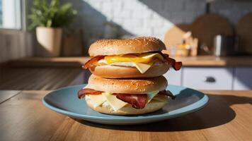 Bagel Breakfast Stack A hearty sandwich of egg, bacon, and cheese on a bagel, with a sunlit kitchen backdrop, incorporating slight shadows for depth and texture. photo