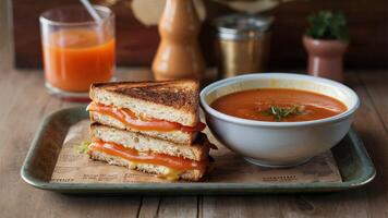 Grilled Cheese Tomato Soup Classic homemade grilled cheese sandwich paired with tomato soup, presented on a vintage tray with a cozy kitchen background. photo