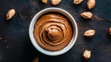 Peanut Butter Creamy brown peanut butter on a background photo