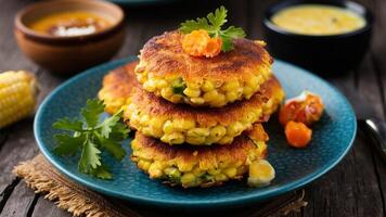 Corn Fritters Golden, crispy corn fritters made with fresh corn kernels, batter, and seasonings, often served with a dipping sauce or as a side dish. photo