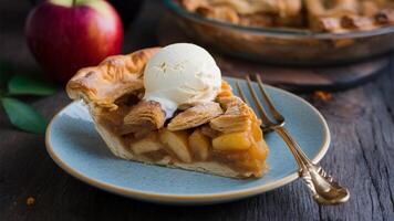 Apple Pie A classic American dessert made with a flaky pastry crust filled with spiced, sweetened apple slices, often served with vanilla ice cream. photo