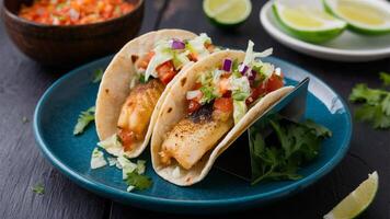 Fish Tacos Soft tortillas filled with seasoned, grilled or fried fish, topped with fresh salsa, cabbage, and a drizzle of lime crema. photo