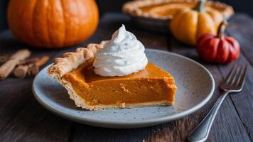 Pumpkin Pie Spiced pumpkin filling in a flaky crust, often topped with whipped cream. A classic dessert, especially during fall. photo