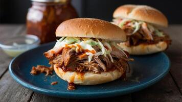 Pulled Pork Sandwich Tender, slow-cooked pork, shredded and mixed with BBQ sauce, served on a bun with coleslaw. photo