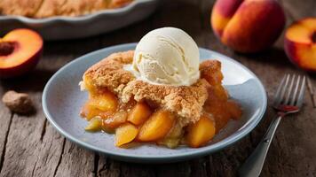 Peach Cobbler A warm, gooey dessert with juicy peaches and a golden, buttery crust. A Southern classic perfect with a scoop of vanilla ice cream photo