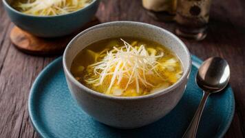 Stracciatella A light, egg-drop soup made by whisking eggs with Parmesan cheese and pouring them into hot broth, creating delicate strands. Comforting and nourishing. photo