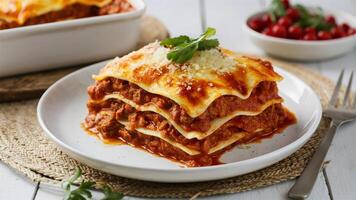 Lasagna alla Bolognese A rich layered dish featuring sheets of pasta, Bolognee meat sauce, bchamel, and Parmesan cheese, baked until bubbly and golden. photo