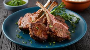 Lamb Chops Succulent lamb chops with a perfectly seared crust, garnished with fresh herbs, highlighting the richness and depth of flavor in this classic dish photo