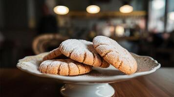 Almond Cookies Crisp almond cookies dusted with powdered sugar, presented on a delicate porcelain dish, with a cozy cafe background photo