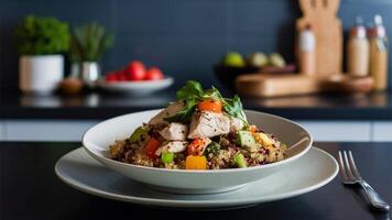 Chicken Quinoa Protein-packed chicken quinoa bowl with colorful vegetables, served on a modern plate, with a health-focused kitchen backdrop, photo