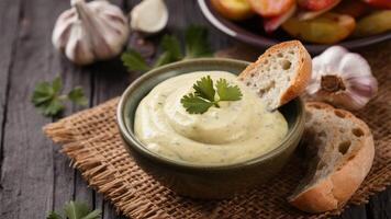 Aioli Creamy, garlicky aioli in a rustic bowl, with freshly baked bread and roasted garlic, enhances Mediterranean dishes with rich flavor. photo
