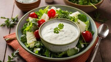 Ranch Dressing Cool, creamy ranch dressing in a country-style bowl, surrounded by fresh herbs, adds a refreshing twist to crisp salads. photo