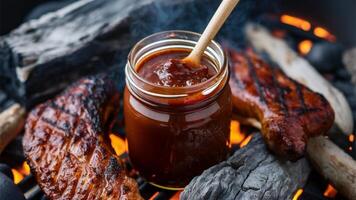 Barbecue Sauce Smoky, rich barbecue sauce in a mason jar, surrounded by charred wood and glowing embers, enhances the flavor of grilled meats. photo