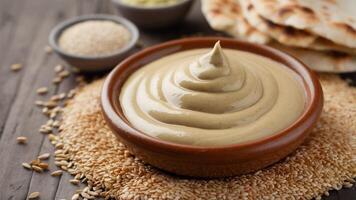 Tahini Smooth, nutty tahini in a clay dish, surrounded by sesame seeds and pita bread, connects to Middle Eastern culinary traditions. photo
