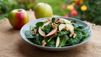 Fall Apple Salad A vibrant apple walnut spinach salad, on a rustic tablecloth with a faint garden in the background photo