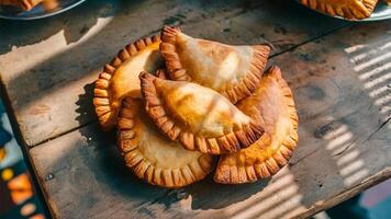 Empanadas Golden-brown empanadas with slightly uneven edges, arranged on a weathered wooden table. The background includes a bustling street food stall photo