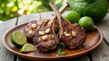 Garlic Lamb Chops Organic grilled lamb chops garnished with garlic and lime, served on a wooden platter with a softly blurred garden view, photo