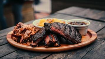Smoked Brisket and Ribs Platter Barbecue smoked brisket and ribs platter with pulled pork and sides photo