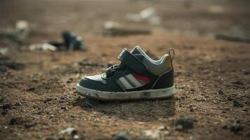Child's Shoe Document a single, small child's shoe lying in a desolate area, representing the lives abruptly impacted by conflict photo