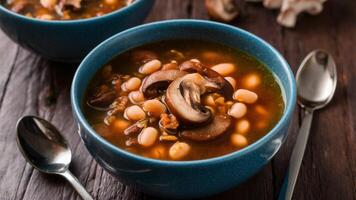 Bean and Mushroom Soup - Earthy mushroom soup with tender, nutritious beans. photo