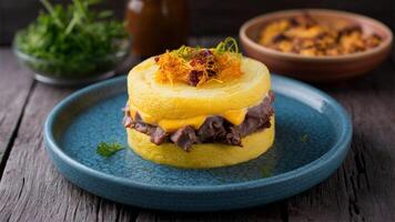 Polenta in Chains Polenta layered with meat and cheese, baked until firm photo