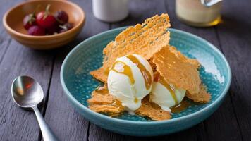 Crisps with Yogurt Ice Cream and Honey Thin, crispy wafers served with tangy yogurt ice cream and drizzled with honey, photo