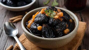Prunes and, Stewed Soft and sweet prunes stewed with spices, a comforting and nutritious treat. photo