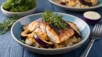 Baked Cod with Eggplant and Onion Delicious baked cod paired with eggplant and onion for a nutritious main course. photo