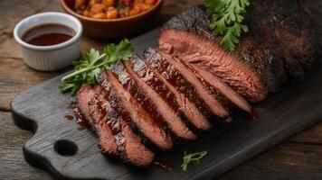 BBQ Brisket Slow-smoked beef brisket, tender and flavorful, often served sliced with a rich BBQ sauce. photo
