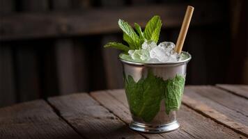 Mint Julep A refreshing cocktail with bourbon, fresh mint, sugar, and crushed ice. A classic Southern drink, photo