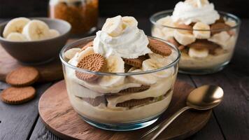 Banana Pudding Creamy layers of banana-flavored pudding, vanilla wafers, and fresh bananas. Topped with whipped cream photo