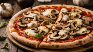 Pizza con Funghi Pizza topped with an assortment of mushrooms, often combined with garlic, mozzarella, and sometimes truffle oil. photo