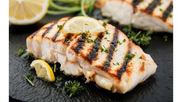 Grilled Halibut Flaky grilled halibut with charred grill marks, garnished with lemon and herbs photo