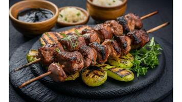 Lamb Kebab Juicy lamb kebabs with a perfect char, served with a side of grilled vegetables and a sprinkle of herbs photo