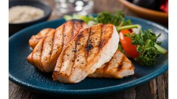 Grilled Swordfish Tender grilled swordfish with a slight char, served with a side of fresh vegetables photo