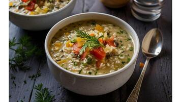 Wild Rice Soup Creamy wild rice soup with tender grains and a mix of fresh vegetables, garnished with herbs photo